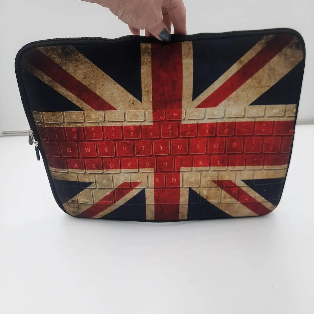 Union Jack Neoprene type fabric zippered protector for laptop or tablet.